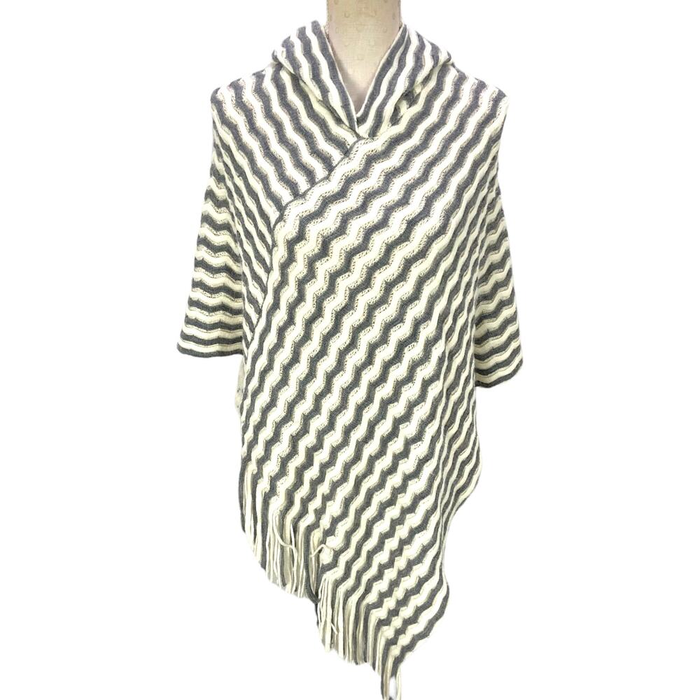 Charlotte Daniel Hooded Poncho Cream‎ Gray Zig Zag Fringed OS One Size Tunic